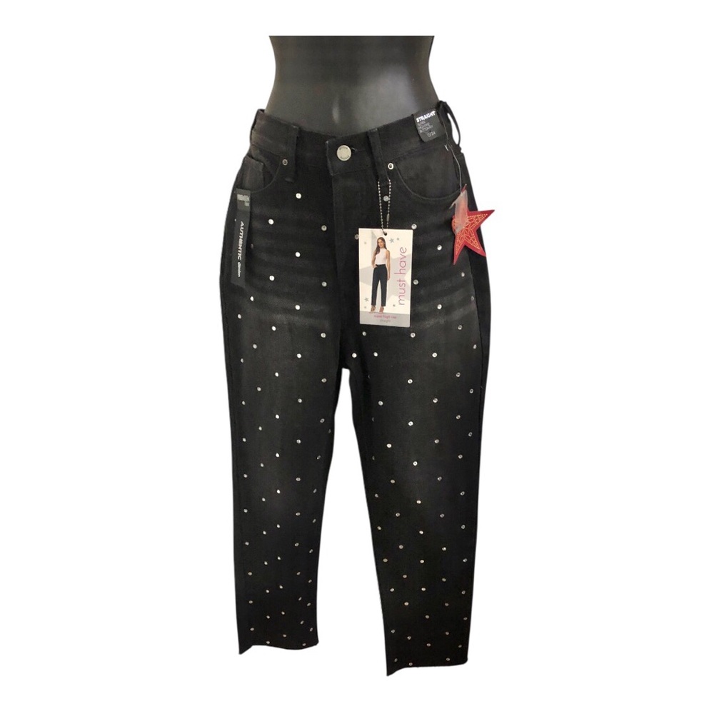 Black cz studded frayed straight leg super hi rise distressed jeans size‎ 0/24